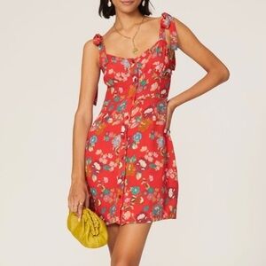 The Andamane Donna Floral Printed Button Down Tie Strap Mini Dress Red, S